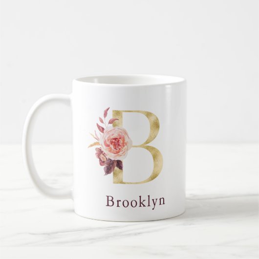 Burgundy Name and Pink Floral Monogram Letter B Co Koffiemok (Links)