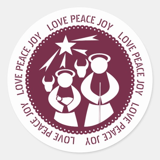 Burgundy Natitivity Scene Love, Peace, Joy Kerstmi Ronde Sticker (Voorkant)