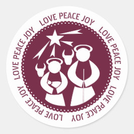 Burgundy Natitivity Scene Love, Peace, Joy Kerstmi Ronde Sticker
