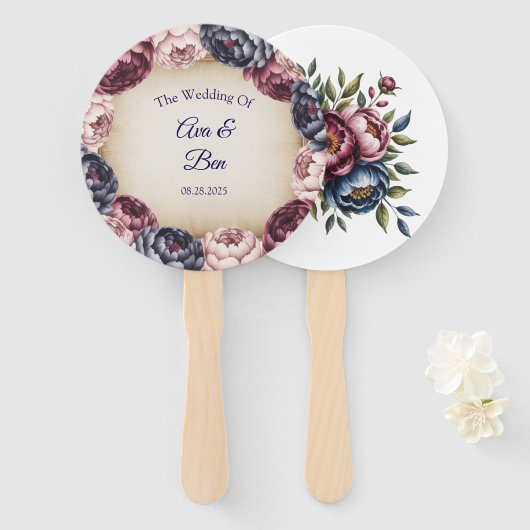 Burgundy Navy and Blush Peony Wedding Floral Handwaaier (Voorkant en achterkant)