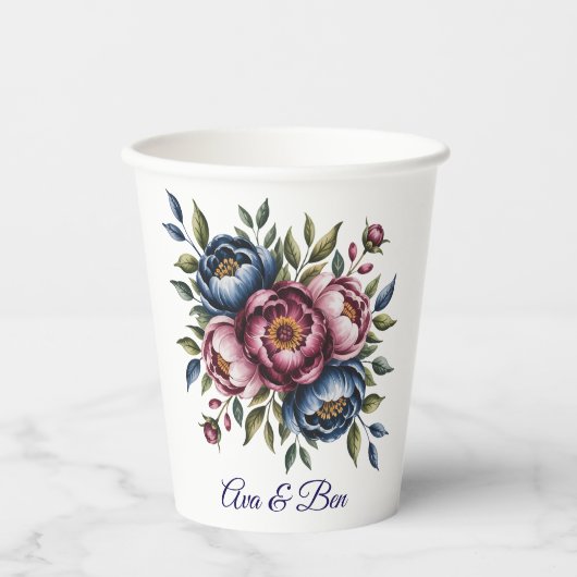 Burgundy Navy and Blush Peony Wedding Floral Papieren Bekers (Voorkant)