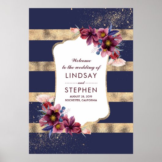 Burgundy Navy and Gold Floral Wedding Welcome Poster (Voorkant)