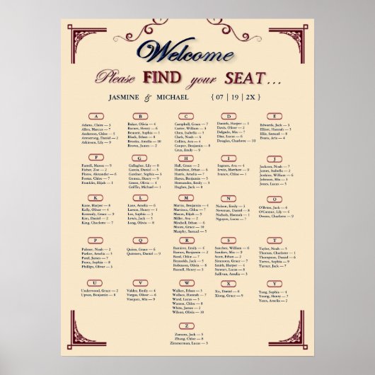 Burgundy Navy and Ivory Chic Wedding Seating Chart Poster (Voorkant)