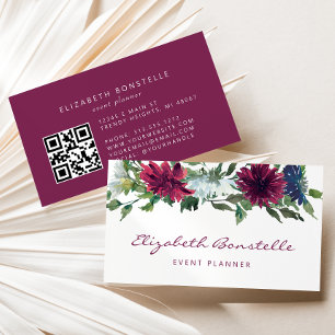 Burgundy Navy Blauwe Aquarel Bloemencode QR Code Visitekaartje