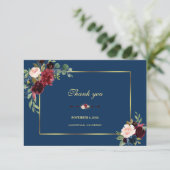 Burgundy Navy Blauwe Bloem Gouden Frame Bruiloft Bedankkaart (Staand voorkant)
