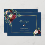 Burgundy Navy Blauwe Bloem Gouden Frame Bruiloft Bedankkaart (Voorkant / Achterkant)