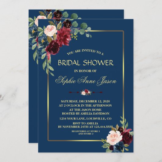 Burgundy Navy Blauwe Bloem Gouden Frame Bruiloft F Kaart (Voorkant / Achterkant)