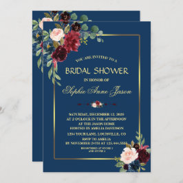 Burgundy Navy Blauwe Bloem Gouden Frame Bruiloft F Kaart