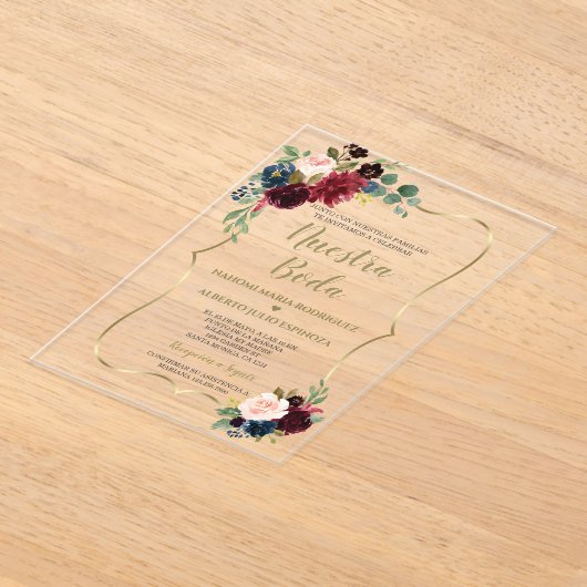 Burgundy Navy Blauwe Bloem Spanish Nuestra Boda  Acryl Uitnodigingen (Laagn)