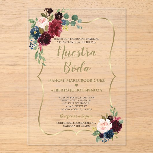 Burgundy Navy Blauwe Bloem Spanish Nuestra Boda Acryl Uitnodigingen (Voorkant)