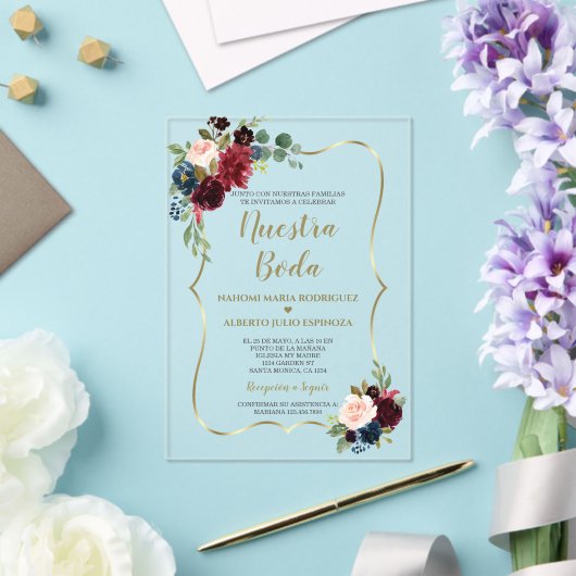 Burgundy Navy Blauwe Bloem Spanish Nuestra Boda  Acryl Uitnodigingen (Insitu (Huwelijk))