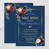 Burgundy Navy Blauwe Bloemige Gouden Frame Sweet 1 Kaart (Voorkant / Achterkant)