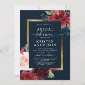Burgundy Navy Blauwe Bloemige Waterverf Bruiloftso Kaart (Voorkant)