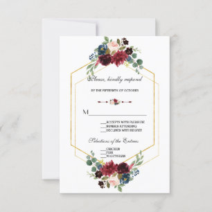 Burgundy Navy Blauwe Bloemrijke Frame Huwelijks RS RSVP Kaartje