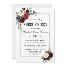 Burgundy Navy Blauwe Bloemstip Frame Sweet 16