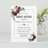 Burgundy Navy Blauwe Bloemstip Frame Sweet 16 Kaart (Staand voorkant)