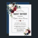Burgundy Navy Blauwe Bloemstip Frame Sweet 16 Kaart<br><div class="desc">Elegant kaartontwerp met prachtige waterverf- bloemboeketten in blush burgundy, bloemendivider, mooi blauw gestippeld frame op witte achtergrond; op de achterkant dezelfde bloemen op een navyblauwe achtergrond. Gebruik het aanpassinggereedschap om uw informatie toe te voegen en wijzigingen aan te brengen. Ga voor bijpassende artikelen naar mijn Burgundy Navy Blauwe Bloemstip Frame...</div>