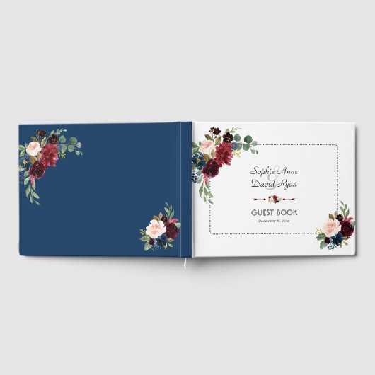 Burgundy Navy Blauwe Bloemstip Kader Bruiloft Gastenboek (Volledig)