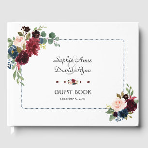 Burgundy Navy Blauwe Bloemstip Kader Bruiloft Gastenboek