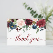 Burgundy Navy Blauwe Blush Bloem Bedankkaart (Staand voorkant)