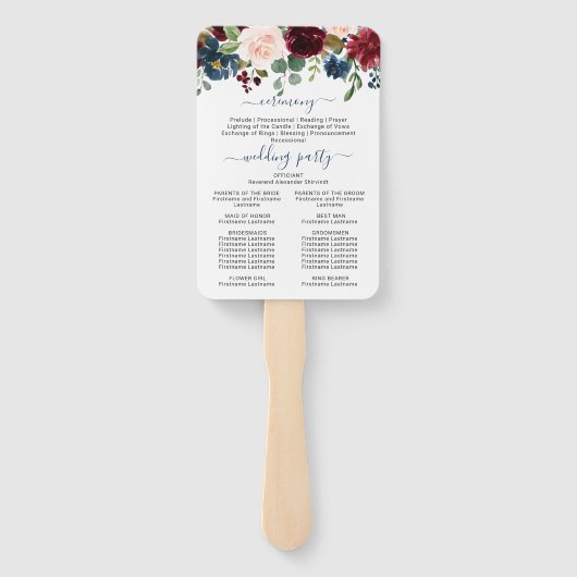 Burgundy Navy Blauwe Blush Bloemen Bruiloftsprogra Handwaaier (Achterkant)