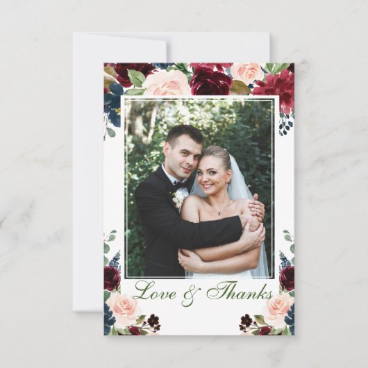 Burgundy Navy Blauwe Blush Bloemstuk PHOTO Bruilof Bedankkaart (Voorkant)