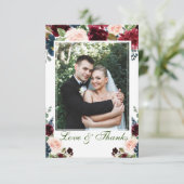 Burgundy Navy Blauwe Blush Bloemstuk PHOTO Bruilof Bedankkaart (Staand voorkant)