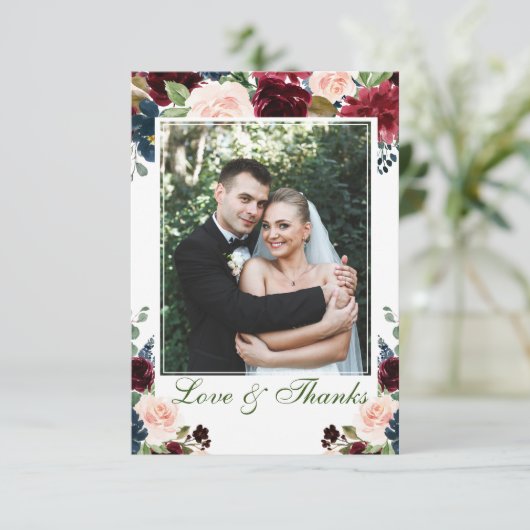 Burgundy Navy Blauwe Blush Bloemstuk PHOTO Bruilof Bedankkaart (Staand voorkant)