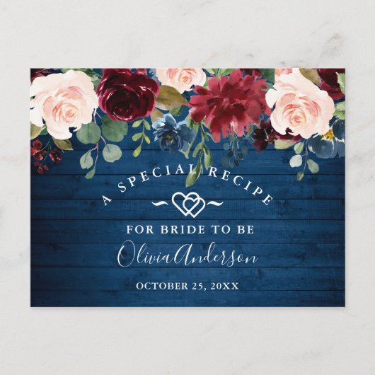 Burgundy Navy Blauwe Blush Bruiloft Feest Recept K Briefkaart (Voorkant)