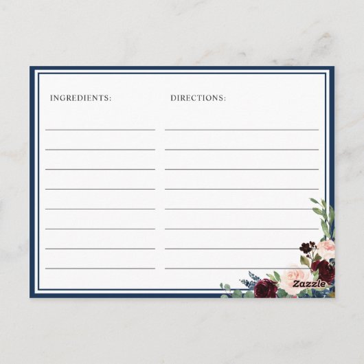 Burgundy Navy Blauwe Blush Bruiloft Feest Recept K Briefkaart (Achterkant)
