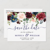 Burgundy Navy Blauwe Blush Bruiloft  Save the Date Briefkaart (Voorkant / Achterkant)