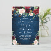 Burgundy Navy Blauwe Blush Rustieke Bloemige Trouw Kaart (Staand voorkant)