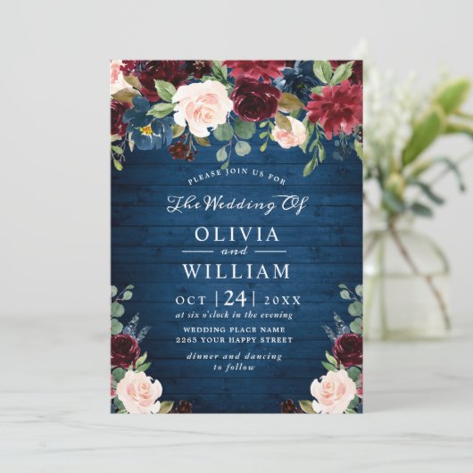 Burgundy Navy Blauwe Blush Rustieke Bloemige Trouw Kaart (Staand voorkant)