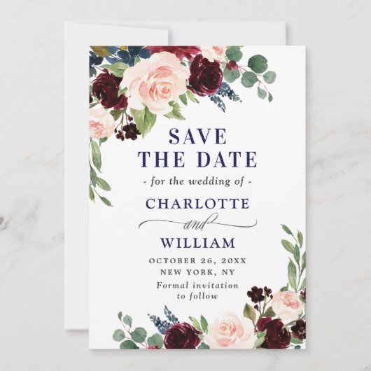 Burgundy Navy Blauwe Blush Rustieke Bloemige Trouw Save The Date (Voorkant)