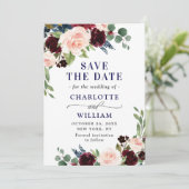 Burgundy Navy Blauwe Blush Rustieke Bloemige Trouw Save The Date (Staand voorkant)