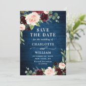 Burgundy Navy Blauwe Blush Rustieke Bloemige Trouw Save The Date (Staand voorkant)