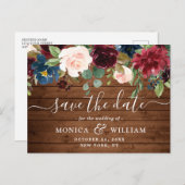 Burgundy Navy Blauwe Blush Trouw Save the Date Aankondigingskaart (Voorkant / Achterkant)