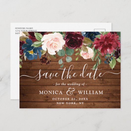 Burgundy Navy Blauwe Blush Trouw Save the Date Aankondigingskaart (Voorkant / Achterkant)