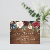 Burgundy Navy Blauwe Blush Trouw Save the Date Aankondigingskaart (Staand voorkant)