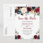 Burgundy Navy Blauwe Blush Trouw Save the Date Briefkaart (Voorkant / Achterkant)