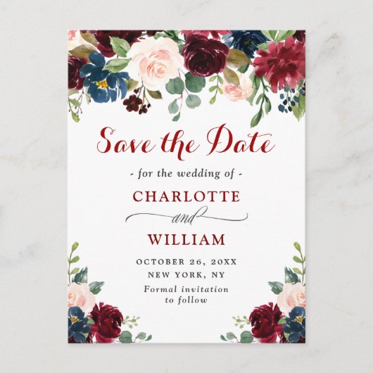 Burgundy Navy Blauwe Blush Trouw Save the Date Briefkaart (Voorkant)