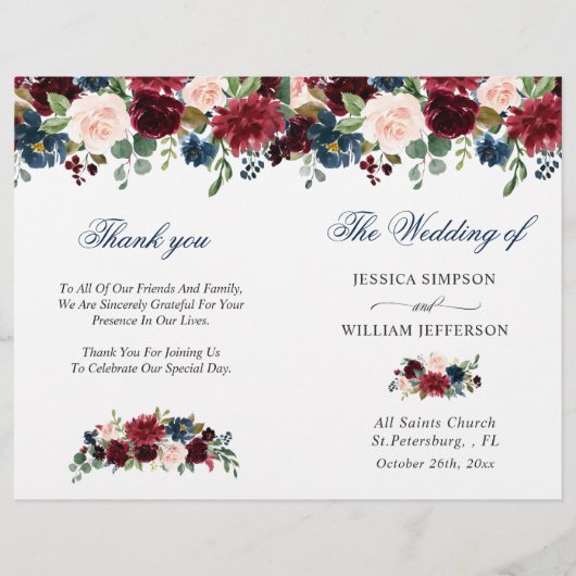 Burgundy Navy Blauwe Blush Trouwceremonieprogramma (Voorkant)