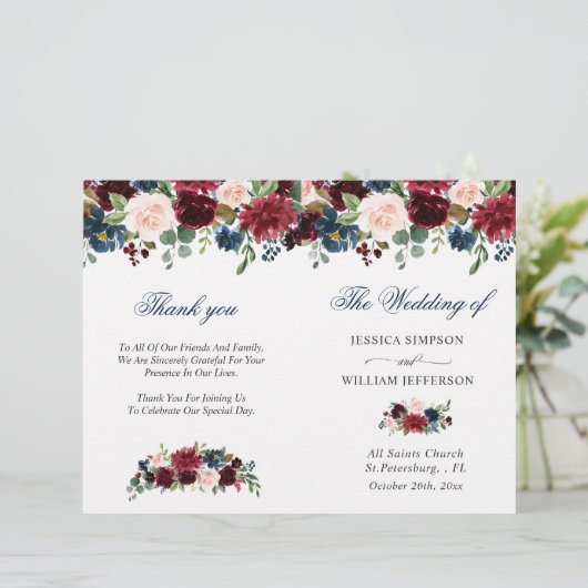 Burgundy Navy Blauwe Blush Trouwceremonieprogramma (Staand voorkant)