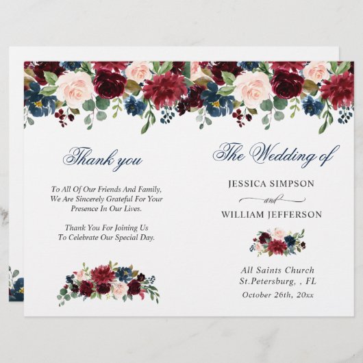 Burgundy Navy Blauwe Blush Trouwceremonieprogramma (Voorkant / Achterkant)