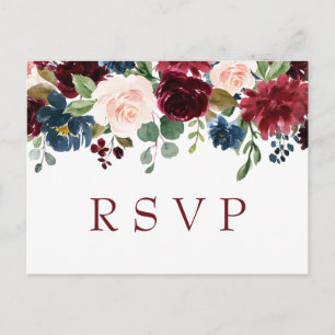 Burgundy Navy Blauwe Blush Watercolor Trouw RSVP Briefkaart