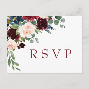 Burgundy Navy Blauwe Blush Watercolor Trouw RSVP Briefkaart