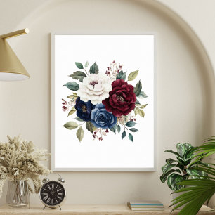 Burgundy Navy Blauwe Wijnrood Witte Bloemenboeket Poster