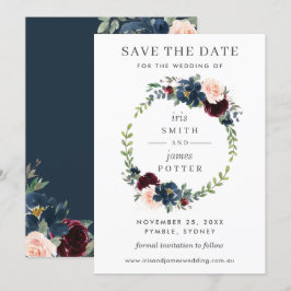 Burgundy Navy Bloem Bruiloft Save the Date Kaart