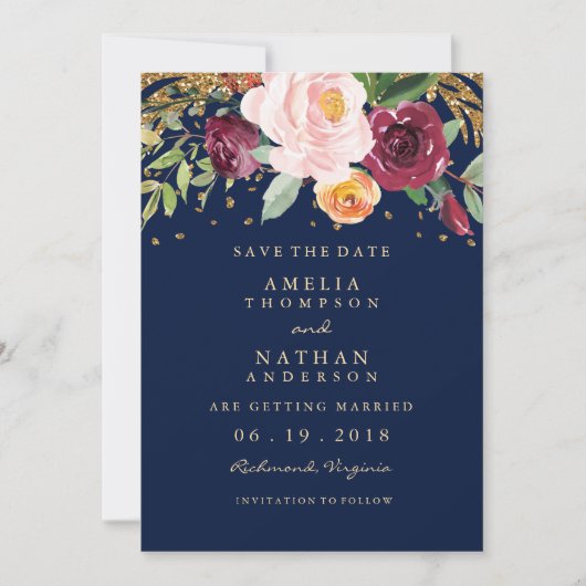 Burgundy Navy Bloem Glitter Save The Date (Voorkant)