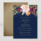Burgundy Navy Bloem Glitter Save The Date (Voorkant / Achterkant)
